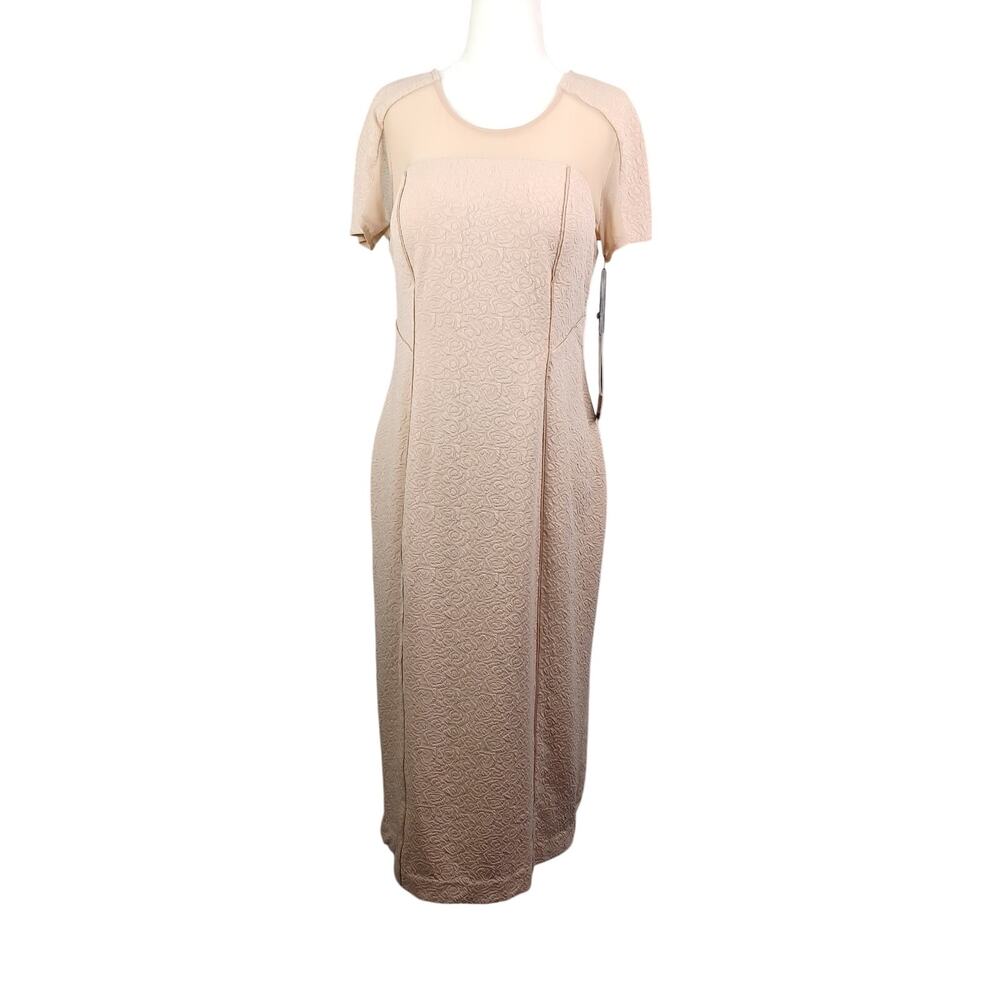 Cenia New York Beige Jacquard Cocktail Dress 10 Midi Illusion Neckline Old Money